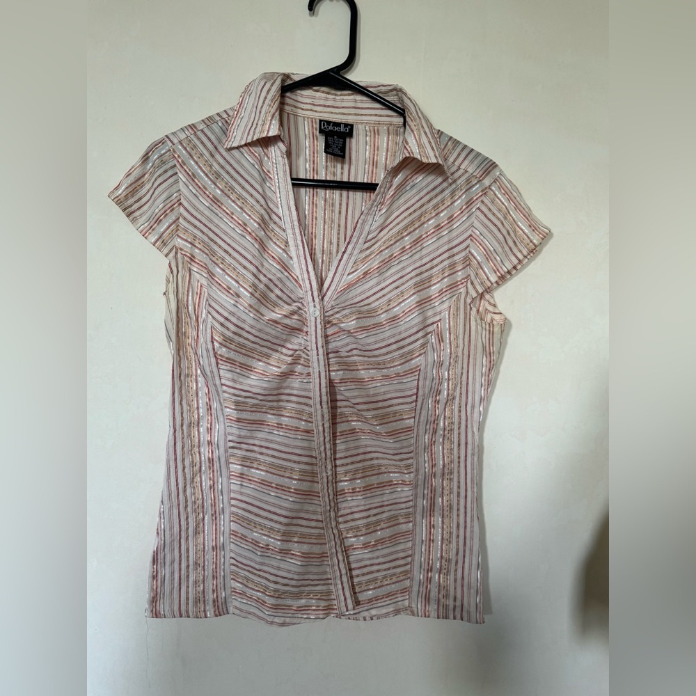 Rafaella Rose and Cream Metallic-Striped Cap Sleeve Blouse